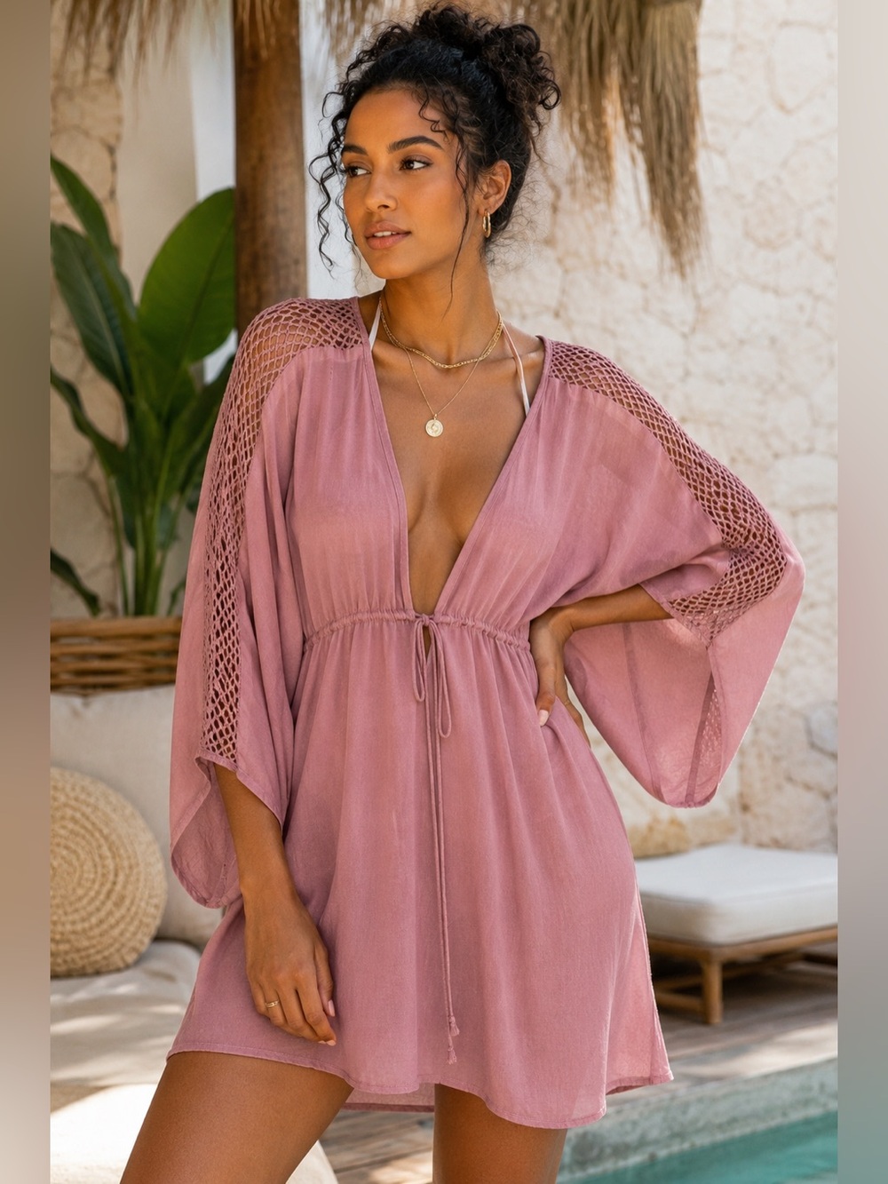 Boho Me Dusty Rose Crochet V-Neck Kimono Tunic Cover Up M